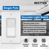 [20 Pack] BESTTEN Single Pole Decorator Wall Light Switch with Wallplate, 15A 120/277V, On/Off Rocker Paddle Interrupter, UL Listed, White