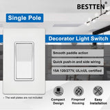 [40 Pack] BESTTEN Single-Pole Light Switch, 15A 120/277V, Paddle Wall Switch, On/Off Rocker Interrupter, UL Listed, White