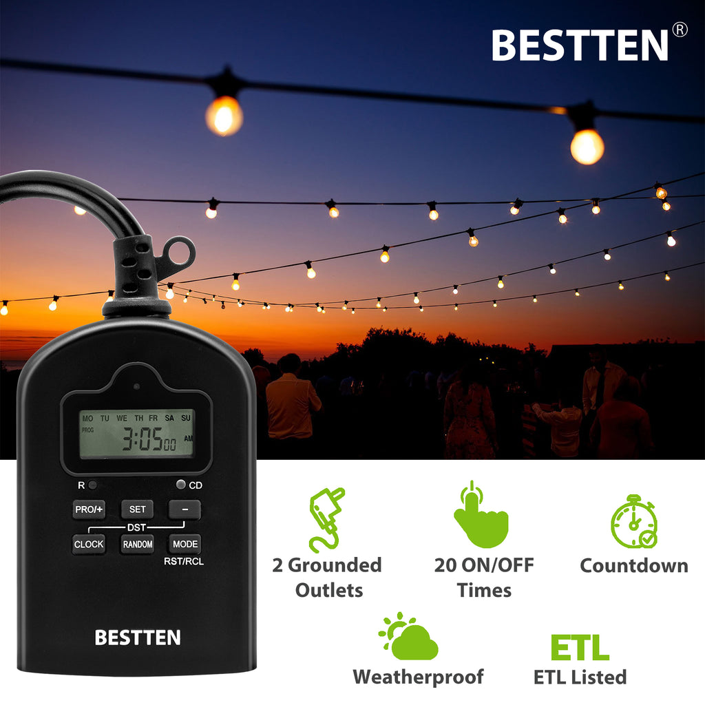 BESTTEN Outdoor Light Timer, 7 Day Digital Programmable Timer with Clock and Push Button, Countdown Timer with Dual Grounded Outlets, Black, ETL Listed