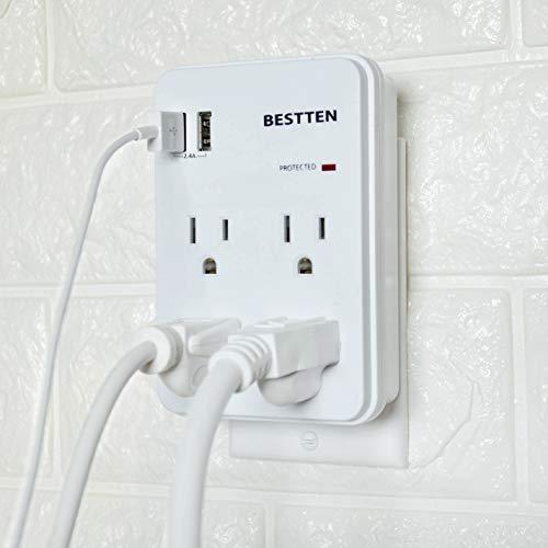 [2 Pack] BESTTEN Wall Surge Protector with 2 USB Charging Ports (5V/2.4A) and 4 Electrical Sockets, ETL/cETL Certified, White