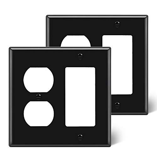 [2 Pack] BESTTEN 2-Gang Combination Wall Plate, 1-Duplex/1-Decor, Standard Size H4.53-inch x W4.57-inch, Unbreakable Polycarbonate Outlet and Switch Cover, UL Listed, Black