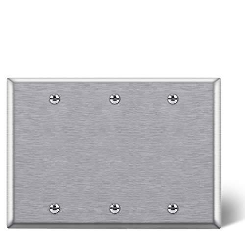 BESTTEN 3-Gang No Device Blank Metal Wall Plate, Anti-Corrosion Stainless Steel Outlet Cover, Industrial Grade 304SS, Standard Size, Color Matched Screw Included, Silver
