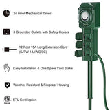 BESTTEN 12ft Cord 3-Outlet Outdoor Power Stake with 24-Hour Timer, Weatherproof Power Strip with Long Extension Cord, cETL Listed, Green