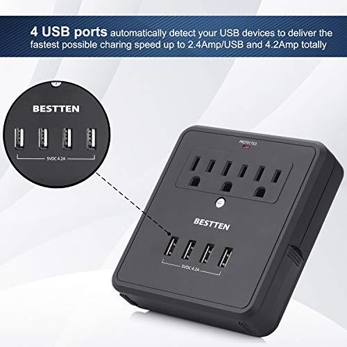 BESTTEN Wall Surge Protector with 4 USB Charging Ports (4.2A Totally), 3 AC Outlets and 2 Slide-Out Phone Holders, 15A/125V/1875W, ETL/cETL Certified, Black