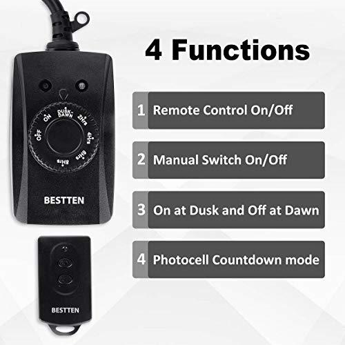 BESTTEN Remote Control Outdoor Outlet with Dusk to Dawn and Photocell Countdown Timer Functions, ETL and FCC Certified, Black