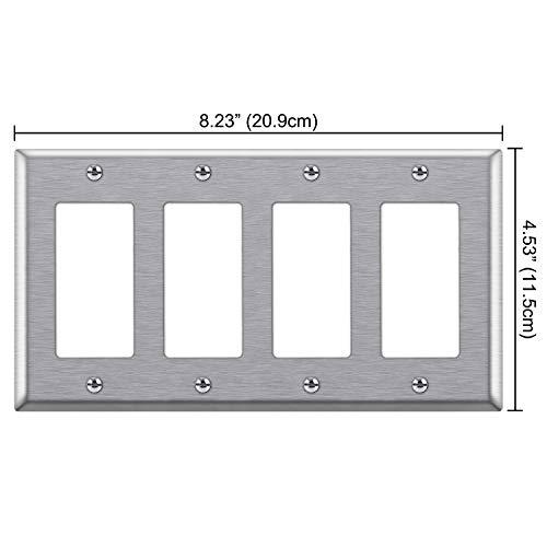 BESTTEN 4-Gang Decorator Metal Wall Plate, Standard Size 4.5" x 8.187", 430 Stainless Steel Outlet Cover, Silver