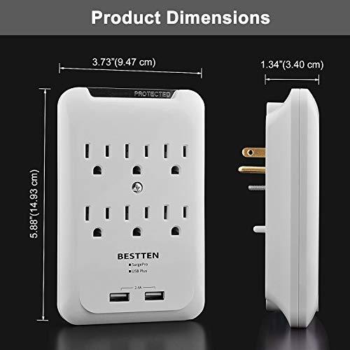 BESTTEN 6-Outlet Surge Protector with Dual USB Charging Ports (5V/2.4A), Wall Mountable Design, cETL Listed, White