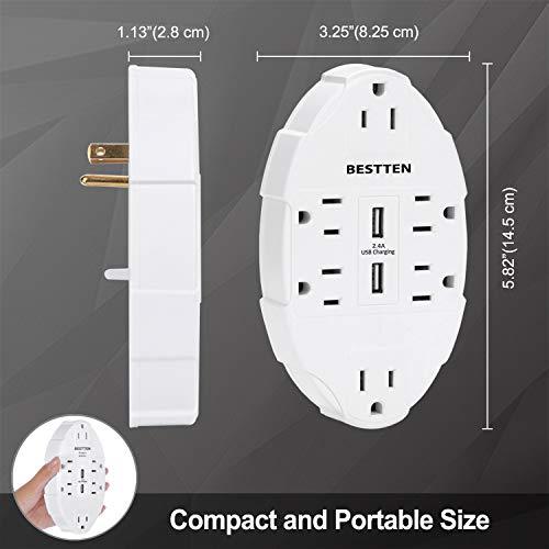 [2 Pack] BESTTEN 6-Outlet Surge Protector with 2 USB Charging Ports (2.4A/Port, 3.1A Shared), Wide-Spaced Wall Tap Adapter, ETL/cETL Certified, White