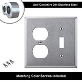 [2 Pack] BESTTEN 2-Gang Combination Metal Wall Plate, 1-Duplex/1-Toggle, Anti-Corrosion Stainless Steel Outlet and Switch Cover, Industrial Grade 304SS, Standard Size, Silver