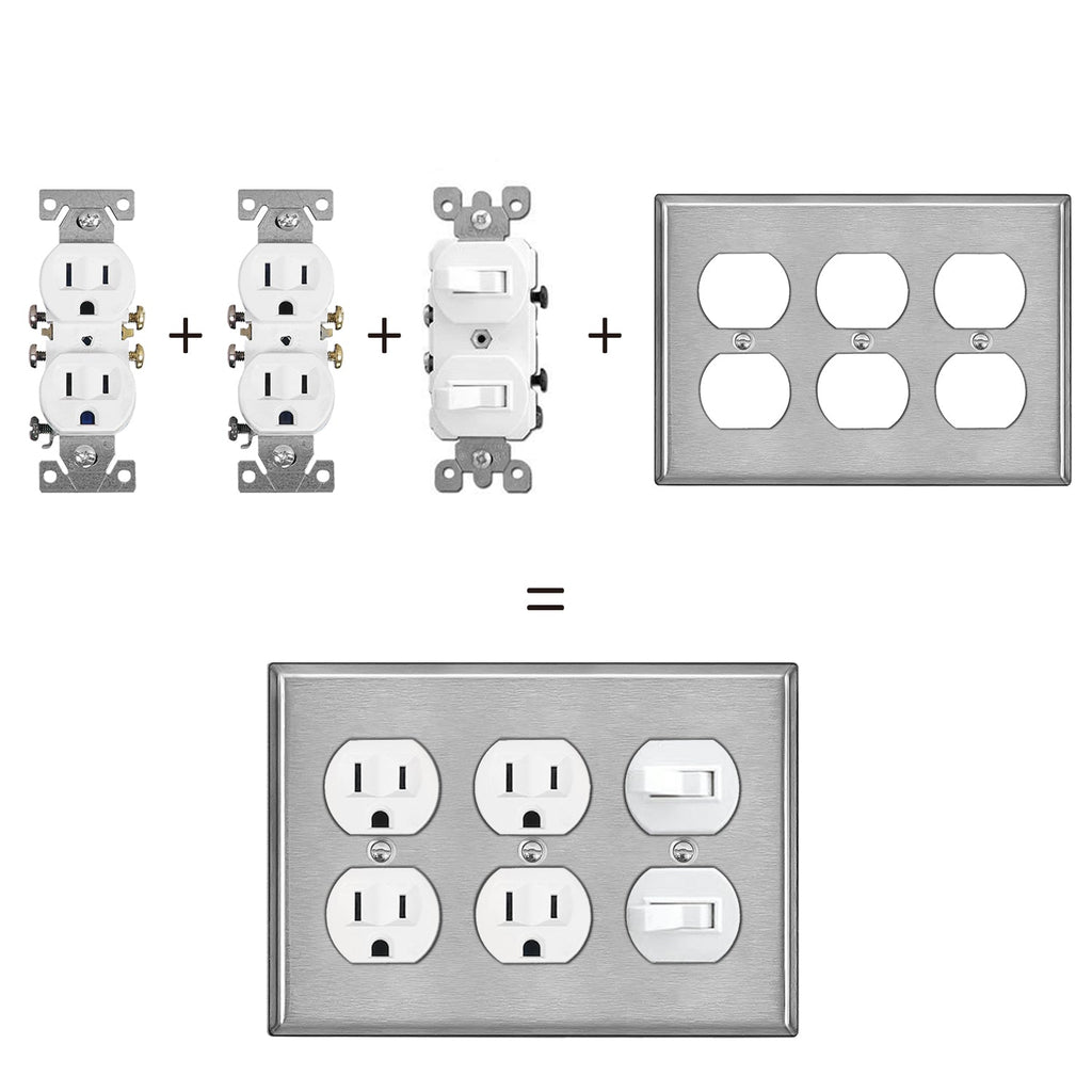 [2 Pack] BESTTEN 3-Gang Duplex Receptacle Outlet Metal Wall Plate with £×hite or Clear Plastic Film, Industrial Grade Stainless Steel Outlet and Switch Cover, Standard Size, Brushed Finish, Silver
