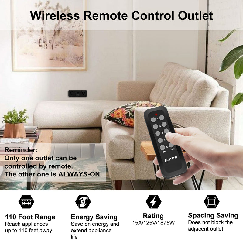 BESTTEN Outdoor Indoor Remote Control Outlet, Wireless Electrical