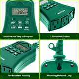 BESTTEN 7 Day Outdoor Heavy Duty Digital Programmable Timer with Clock and Push Button, Countdown Timer with 3 Grounded Outlets, Weatherproof, Green, ETL Listed