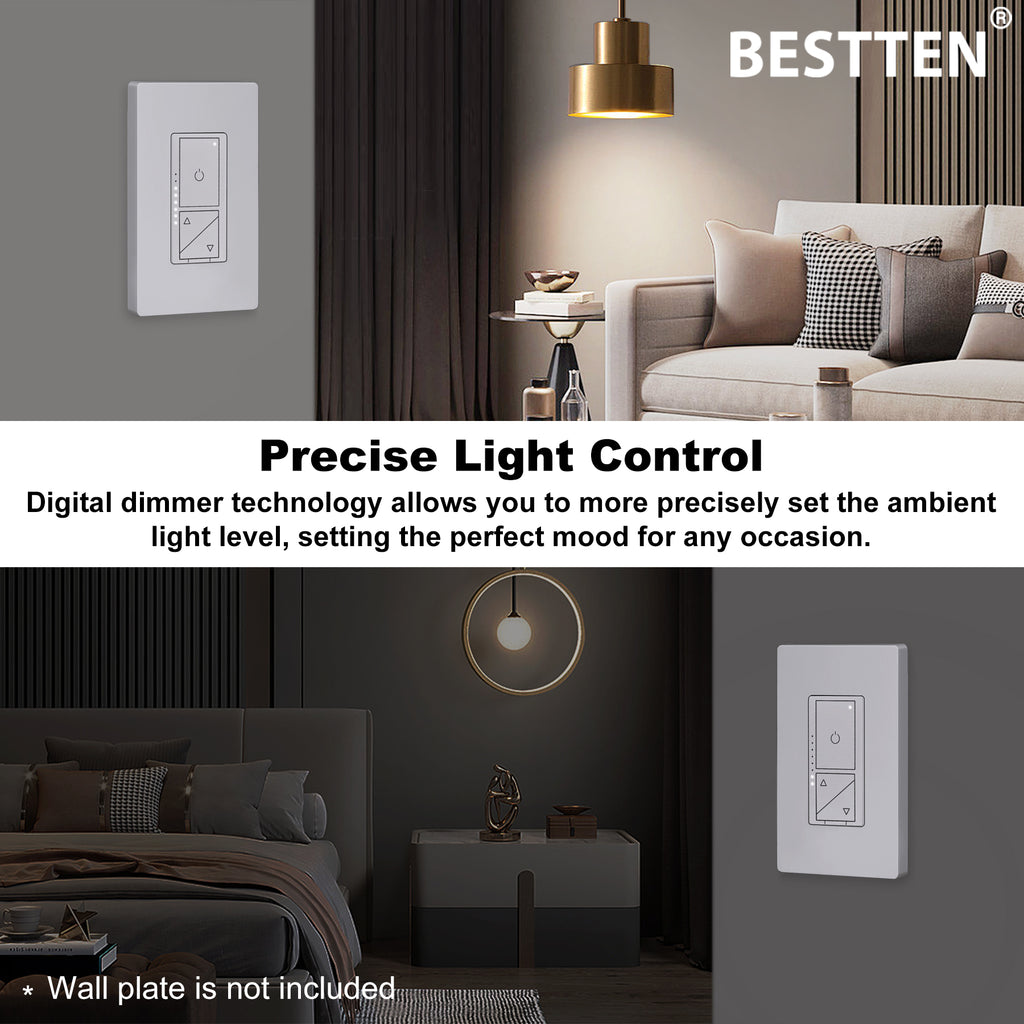 BESTTEN Digital Led Dimmer Switch with Air Gap Power Cut Off Switch, 3 Button Control and MCU Smart-chip Technology, Super Slim Design, Single Pole or 3 Way Dimmer Light Switch, ETL Listed, White