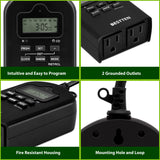 BESTTEN Outdoor Light Timer, 7 Day Digital Programmable Timer with Clock and Push Button, Countdown Timer with Dual Grounded Outlets, Black, ETL Listed
