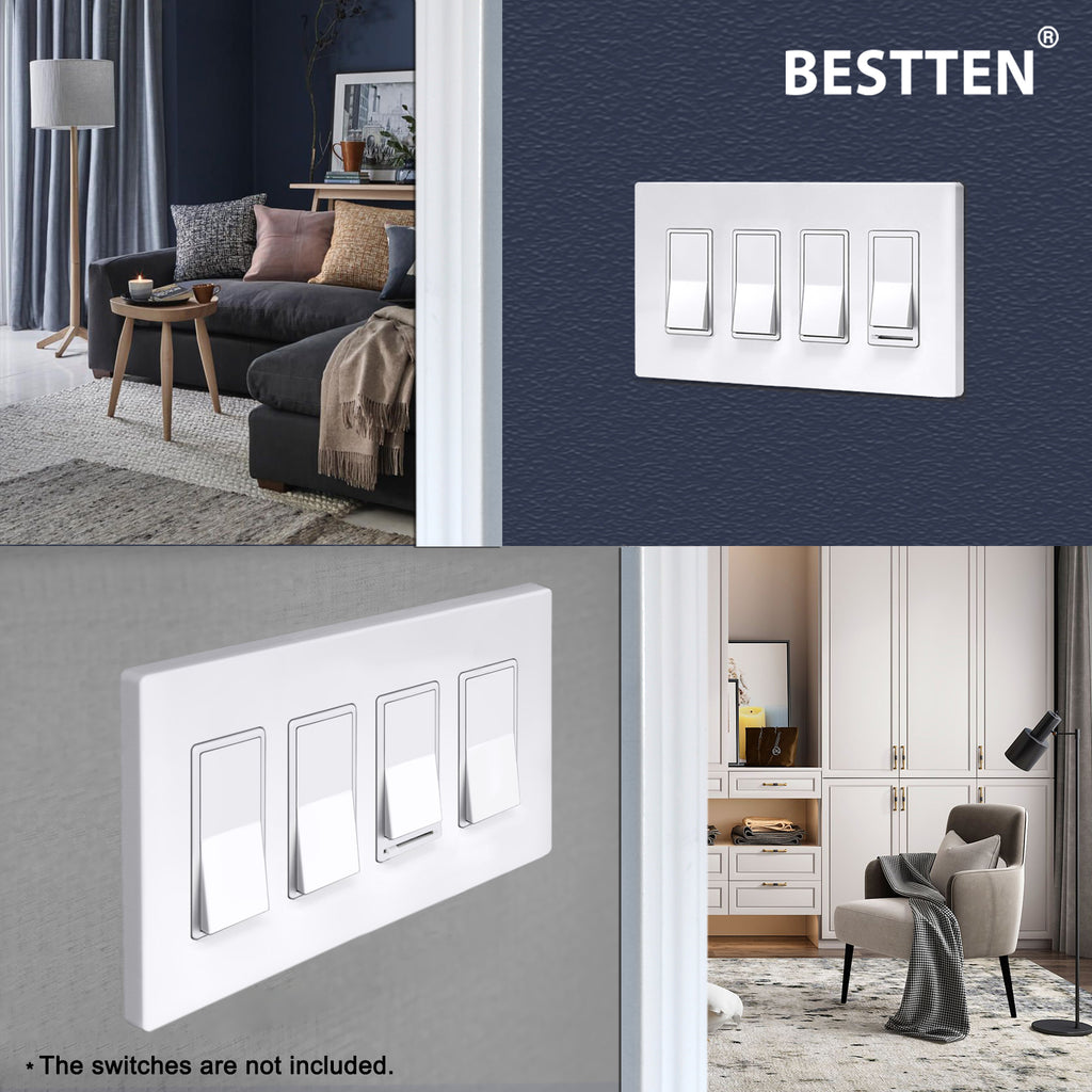 [5 Pack] BESTTEN 4-Gang Screwless Wall Plate, USWP6 Snow White Series, Decorator Outlet Cover, H4.69-Inch x L8.35-Inch, for Light Switch, Dimmer, GFCI, USB Receptacle