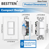 [10 Pack] BESTTEN Double Light Switch, Single Pole, Combination Decorator On/Off Interrupters, 15A 120V, Dual Paddle Rockers, Wallplate Included, White