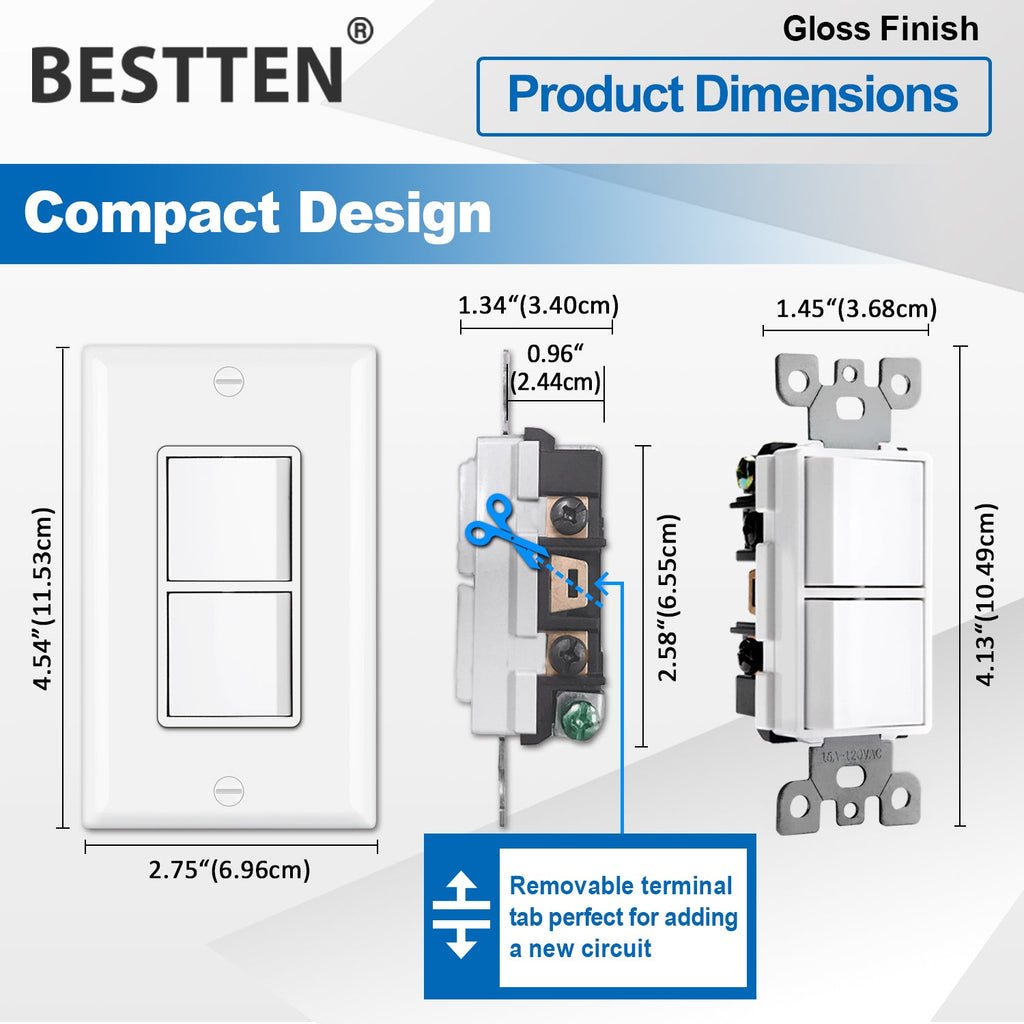 [5 Pack] BESTTEN Double Light Switch, Single Pole, Combination Decorator On/Off Interrupters, 15A 120V, Dual Paddle Rockers, Wallplate Included, White