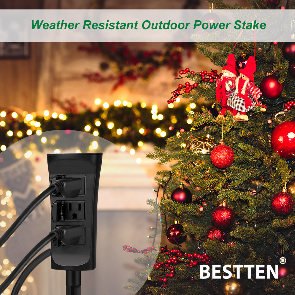 BESTTEN Outdoor Power Stake with 12-Foot Weatherproof Extension Cord, 3-Outlet Outdoor Garden Outlet Power Strip, ETL Certified, Black