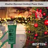 BESTTEN Outdoor Power Strip with 30 Foot Long Extension Cord, 3-Outlet Yard Power Stake with Weatherproof Protective Covers, ETL Certified, Green
