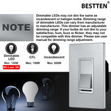 [5 Pack] BESTTEN Silver Dimmer Wall Light Switch, Single Pole or 3-Way, Compatible with Dimmable LED, CFL, Incandescent and Halogen Bulb, 120VAC, UL/cUL Listed