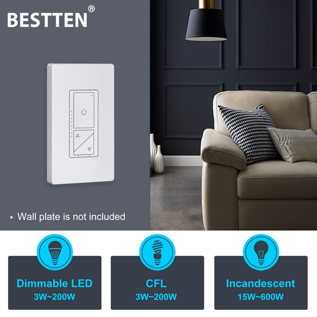 [5 Pack] BESTTEN Digital Dimmer with Air Gap Power Cut Off Switch, Super Slim Design, 3 Button Control and MCU Smart-chip Technology, Single Pole or 3 Way Dimmer Light Switch, ETL Listed, White
