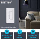 [5 Pack] BESTTEN Quiet Dimmer Light Switch, Smooth Slide Dimmer Switch, Single Pole or 3 Way Dimmable Light Switch, for LED, CFL, Incandescent, Halogen, ETL Listed, White