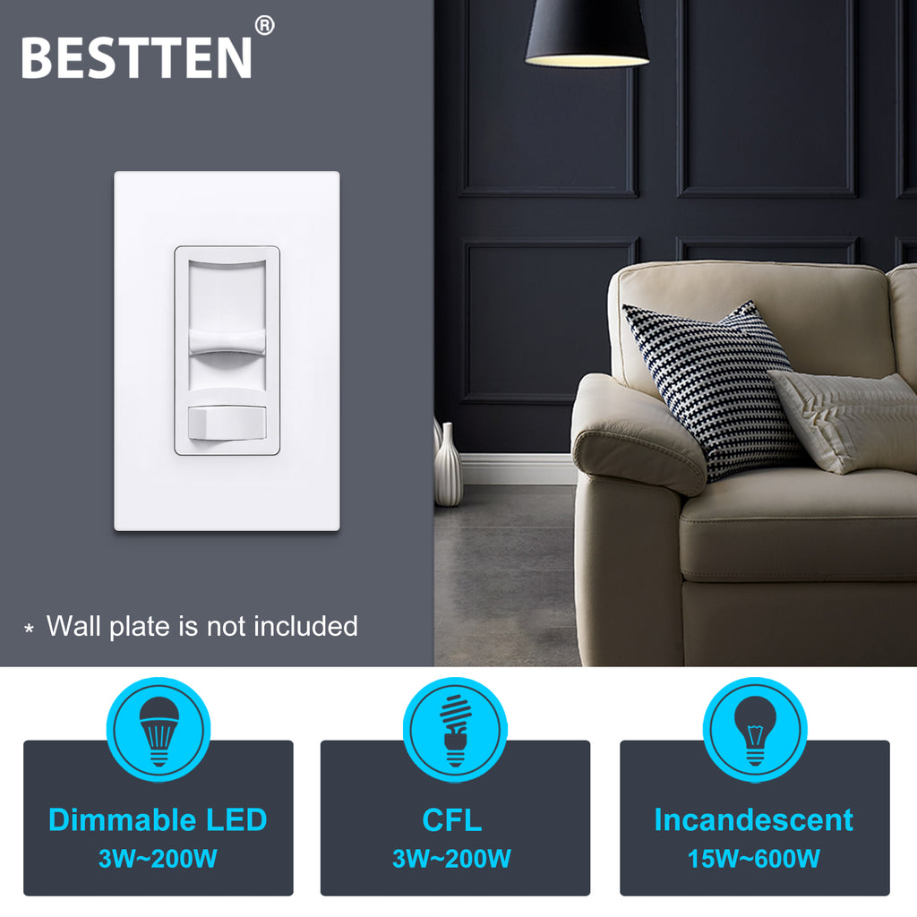 [6 Pack] BESTTEN Ultra Slim Digital Dimmer Switch, Single-Pole or 3-Way, Dimmable Light Switch for LED, CFL, Halogen and Incandescent Bulbs, ETL/cETL Listed, White
