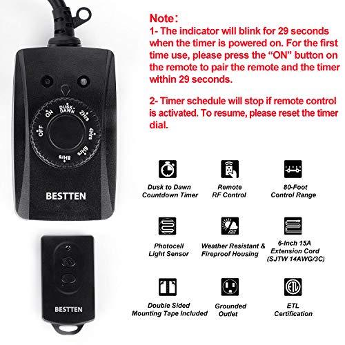 BESTTEN Remote Control Outdoor Outlet with Dusk to Dawn and Photocell Countdown Timer Functions, ETL and FCC Certified, Black