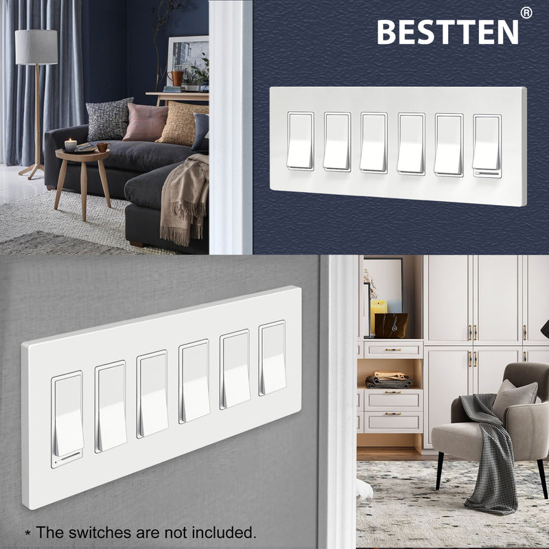 [2 Pack] BESTTEN 6-Gang Screwless Wall Plate, USWP4 White Series Decorator Outlet Cover, for Light Switch, Dimmer, GFCI, USB Receptacle, H4.69-Inch x L11.75-Inch