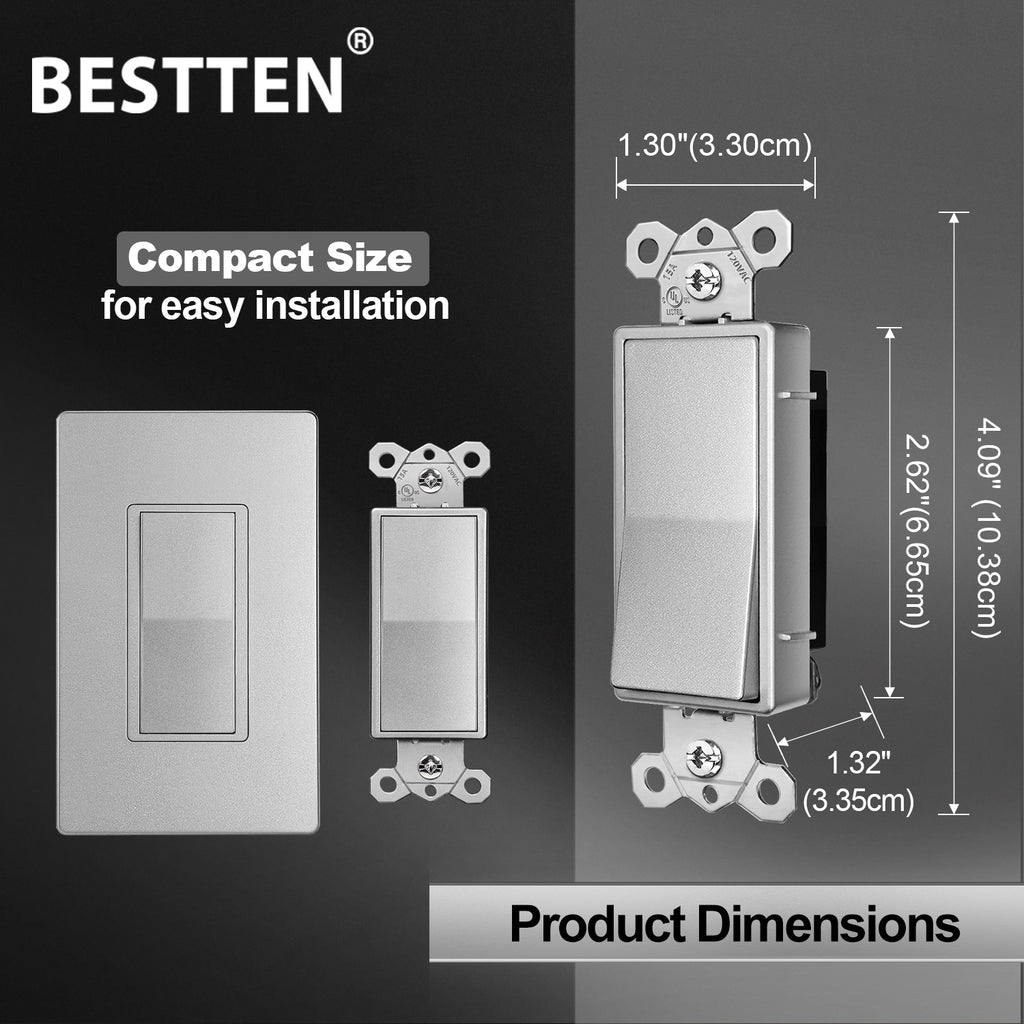 [10 Pack] BESTTEN Silver Single Pole Light Switch, Decorator Wall Switch, On/Off Rocker Paddle Interrupter for LED and Other Lamps, Signature Collection, 15A 120V, UL Certified