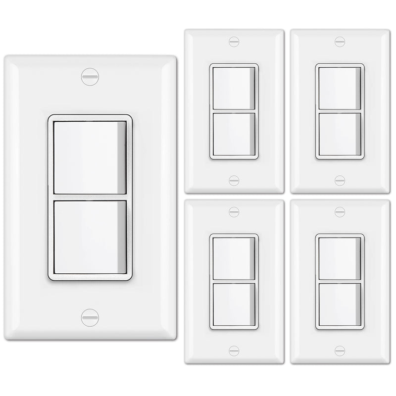 [5 Pack] BESTTEN Double Light Switch, Single Pole, Combination Decorator On/Off Interrupters, 15A 120V, Dual Paddle Rockers, Wallplate Included, White