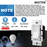 [5 Pack] BESTTEN Dimmer Wall Light Switch, Single Pole or 3-Way, Compatible with Dimmable LED, CFL, Incandescent and Halogen Bulb, 120VAC, UL Listed, White