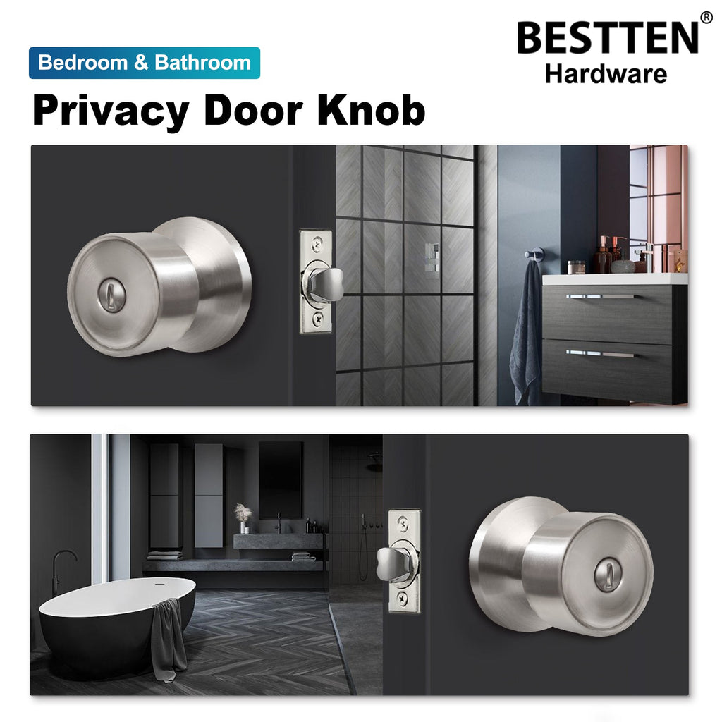 BESTTEN [3 Pack] Privacy Door Lock Set for Bedroom and Bathroom, Geneva Series Door Knob with Removable Latch Plate, All Metal, Satin Nickel Finish