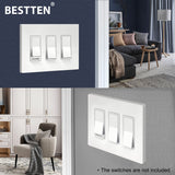 [4 Pack] BESTTEN 3 Gang Mid Size Screwless Wall Plate, USWP4 Gloss White Series, H4.85-Inch x W6.77-Inch, Unbreakable Polycarbonate Midway Outlet Cover, for Light Switch, Dimmer, GFCI, USB Receptacle