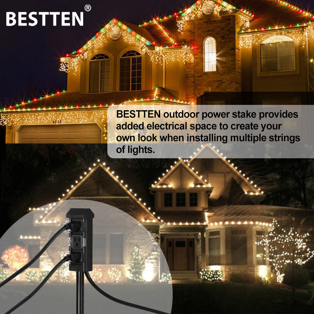 BESTTEN Outdoor Power Strip with 20-Foot Ultra Long Extension Cord, 3-Outlet Weatherproof Yard Power Stake with Protective Covers, ETL Certified, Black