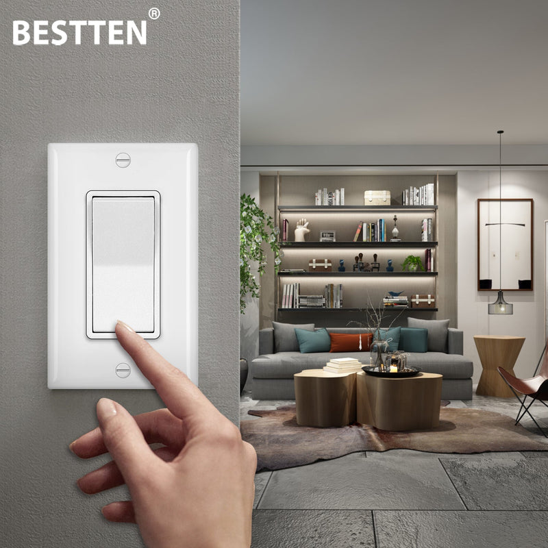 [4 Pack] BESTTEN 4-Way Decorator Wall Light Switch with Wallplate, 15A 120/277V, On/Off Paddle Rocker Interrupter, Self-Grounding, UL Listed, White