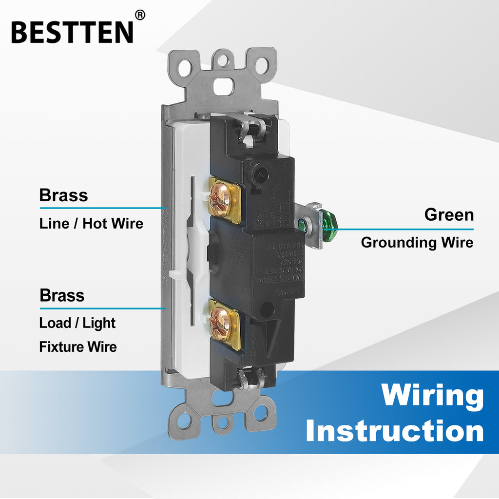 [10 Pack] BESTTEN Single-Pole Decorator Wall Light Switch, 15A 120/277V, On/Off Rocker Interrupter, UL Listed, White