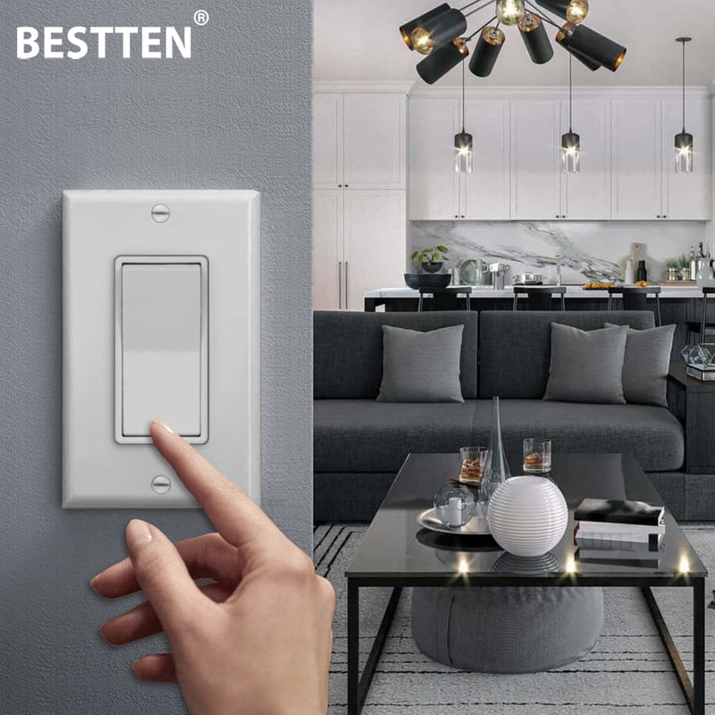 [10 Pack] BESTTEN 3-Way Decorator Wall Light Switch with Wall Plate, 15A 120V, On/Off Paddle Rocker Interrupter, UL Listed, White