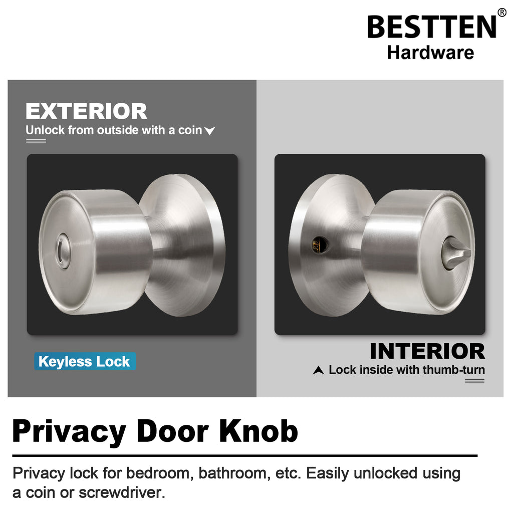 BESTTEN Privacy Door Knob with Removable Latch Plate, Geneva Series Interior Door Handle Lock, Keyless Door Lockset for Bathroom or Bedroom, All Metal, Satin Nickel