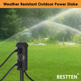 BESTTEN Outdoor Power Strip with 20-Foot Ultra Long Extension Cord, 3-Outlet Weatherproof Yard Power Stake with Protective Covers, ETL Certified, Black