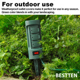 BESTTEN 6-Outlet Outdoor Power Stake with 9-Foot Long Extension Cord, Overload Protection Switch and Individual Protective Covers, Double Sided Design, cETL Listed, Green