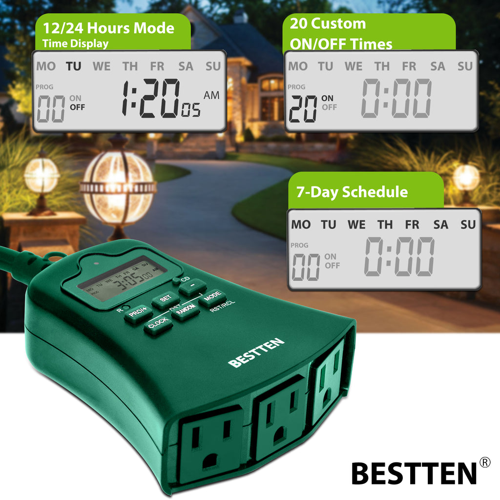 BESTTEN 7 Day Outdoor Heavy Duty Digital Programmable Timer with Clock and Push Button, Countdown Timer with 3 Grounded Outlets, Weatherproof, Green, ETL Listed