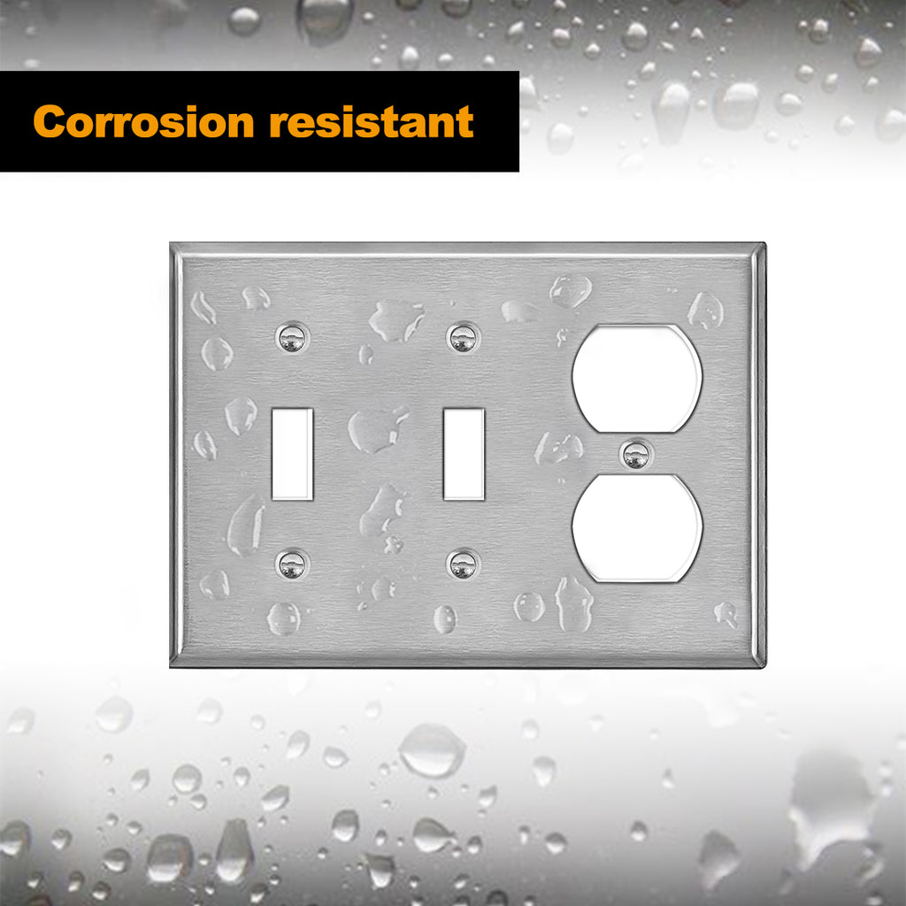 [2 Pack] BESTTEN 3-Gang Combo Metal Wall Plate with White or Clear Plastic Film, 1-Duplex/2-Toggle, Standard Size, Anti-Corrosion Stainless Steel Outlet and Switch Cover, Brushed Finish