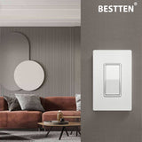 [10 Pack] BESTTEN Single Pole Decorator Wall Light Switch with screwless Wallplate, 15A 120/277V, On/Off Paddle Rocker Interrupter, UL Listed, White