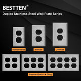 [10 Pack] BESTTEN Duplex Receptacle Metal Wall Plate with White or Clear Plastic Film, 1 Gang Standard Industrial Stainless Steel Outlet Cover, Durable Corrosion Resistant, Brushed Finish, Silver