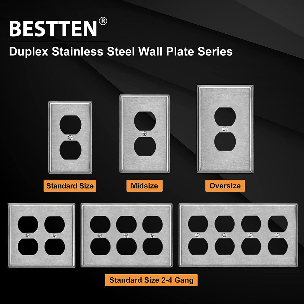 BESTTEN 4-Gang Duplex Metal Wall Plate with Ｗhite or Clear Plastic Film, Standard Size, Stainless Steel Heavy Duty Switch Cover, Industrial Grade Stainless Steel, Brushed Finish, Silver