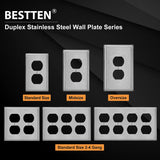 [5 Pack] BESTTEN 2-Gang Duplex Stainless Steel Wall Plate with Ｗhite or Clear Plastic Film, Standard Size, Corrosion Resistant Metal Outlet Cover, Industrial Grade, Brushed Finish, Silver