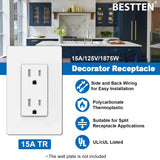 [40 Pack] BESTTEN 15 Amp Decorator Electrical Wall Receptacle Outlet, Child Safe Tamper Resistant, 15A/125V/1875W, Residential and Commercial Use, cUL Listed, White