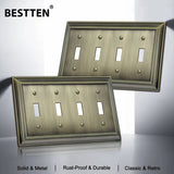 [2 Pack] BESTTEN Grand Collection 4 Gang Zinc Alloy Aged Brass Toggle Switch Metal Wall Plates Cover, Stainless Steel Antique Brass Light Switch Cover, Corrosion Resistant