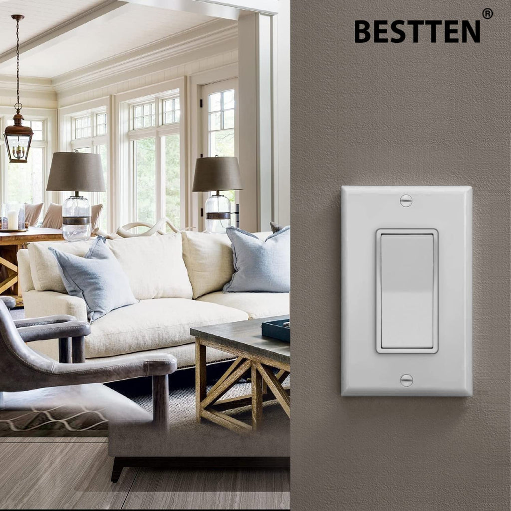 [4 Pack] BESTTEN 3-Way Decorator Wall Light Switch with Wallplate, 15A 120/277V, On/Off Rocker Paddle Interrupter, UL Listed, White